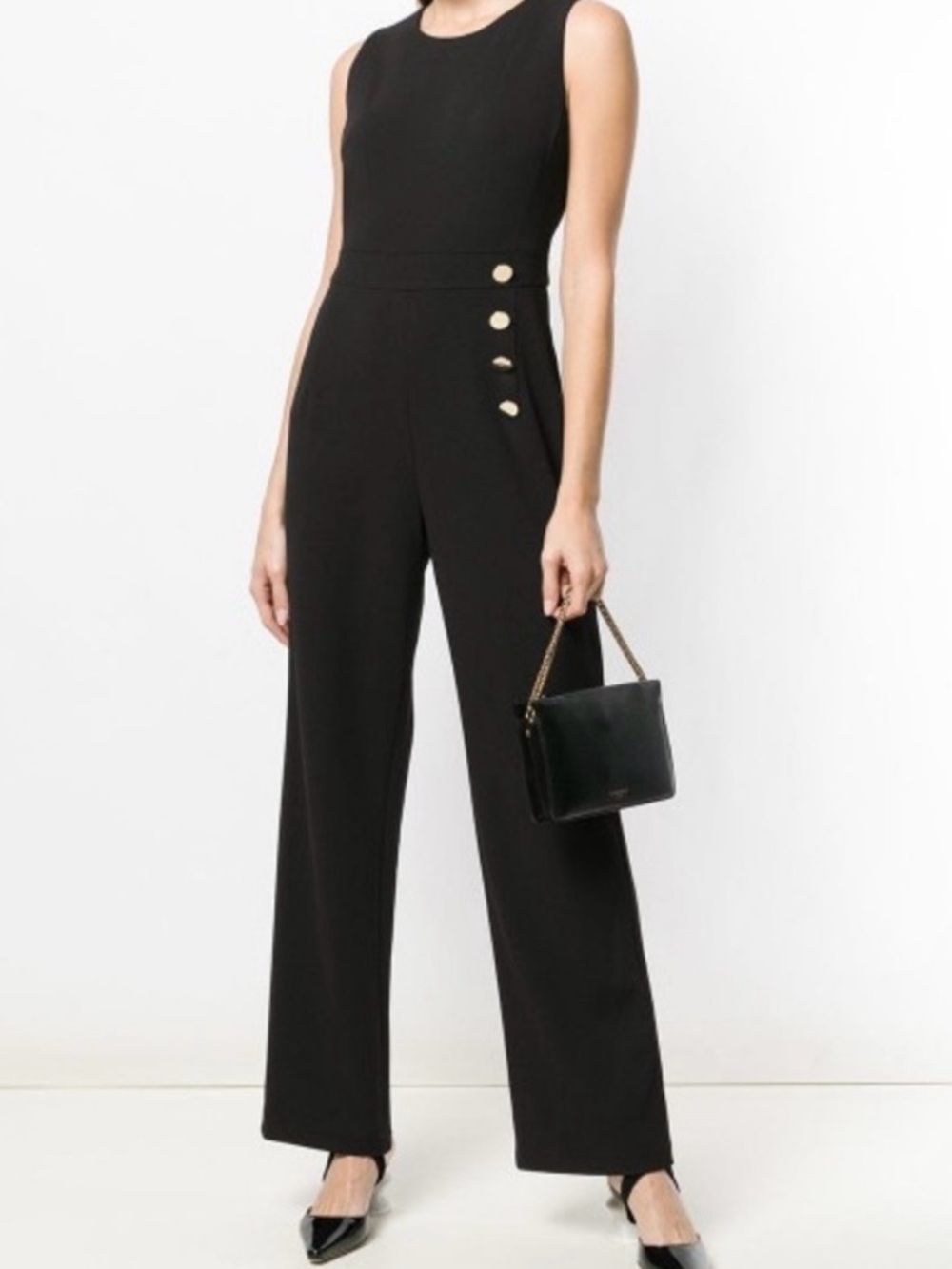 DKNY Black Sleeveless Wide-Leg Jumpsuit with Gold Button Detail -Size 6 - Picture 3 of 9